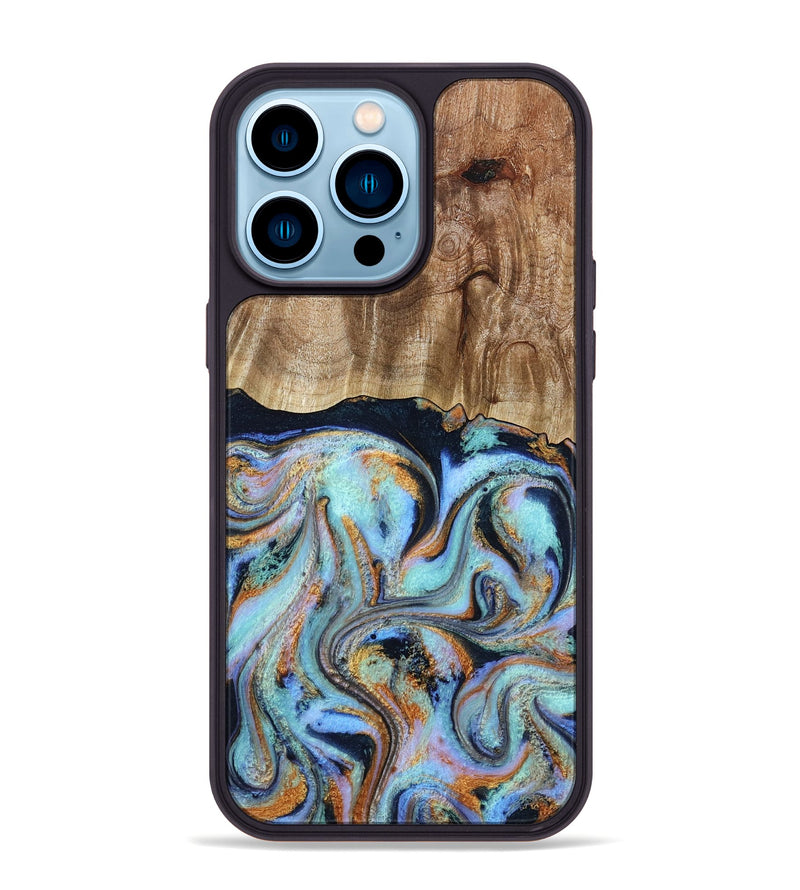 iPhone 14 Pro Max Wood Phone Case - Maren (Teal & Gold, 793511)