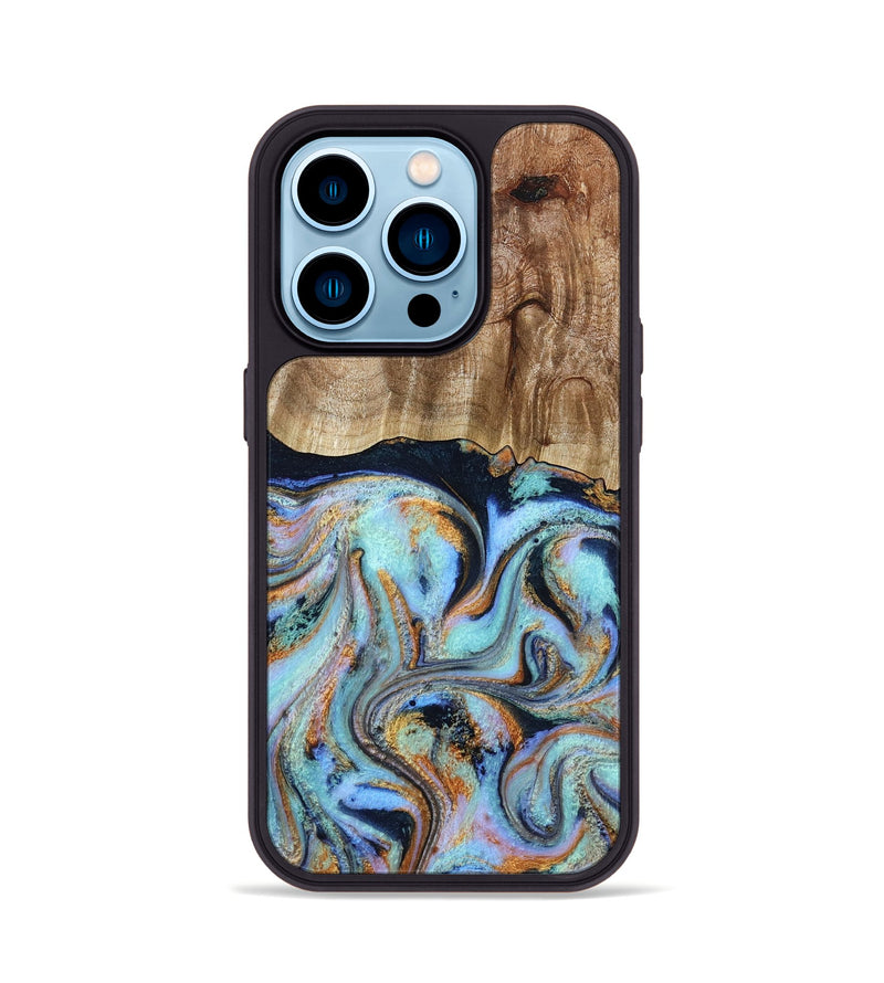 iPhone 14 Pro Wood Phone Case - Maren (Teal & Gold, 793511)