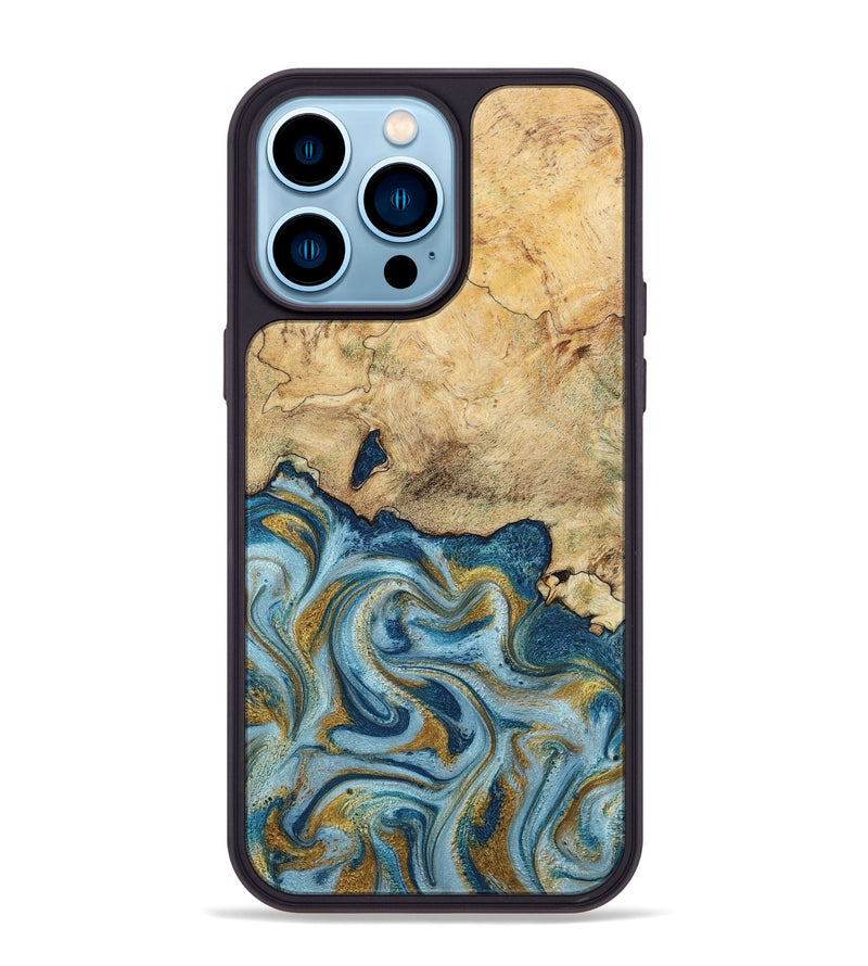 iPhone 14 Pro Max Wood Phone Case - Mara (Teal & Gold, 793534)