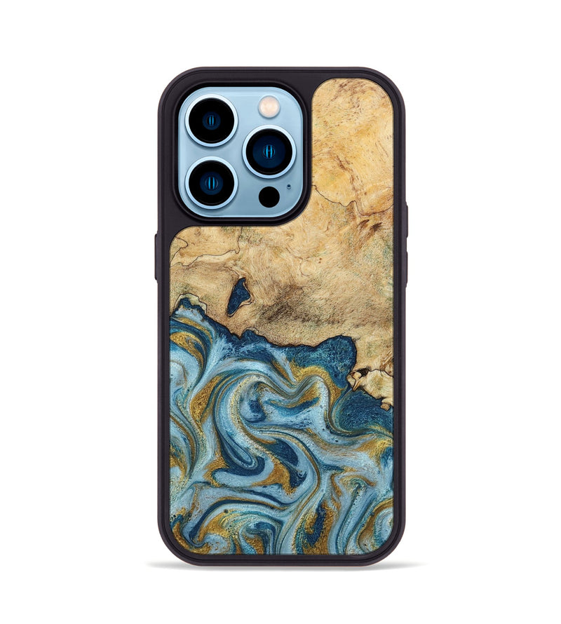 iPhone 14 Pro Wood Phone Case - Mara (Teal & Gold, 793534)