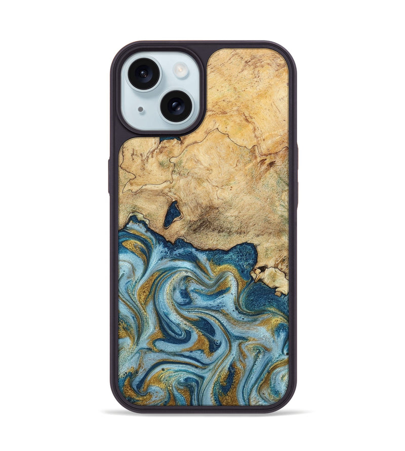 iPhone 15 Wood Phone Case - Mara (Teal & Gold, 793534)