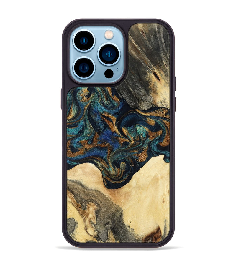 iPhone 14 Pro Max Wood Phone Case - Joey (Teal & Gold, 794117)