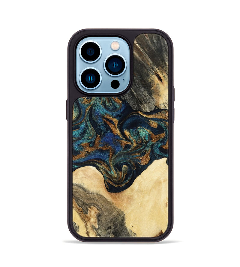 iPhone 14 Pro Wood Phone Case - Joey (Teal & Gold, 794117)
