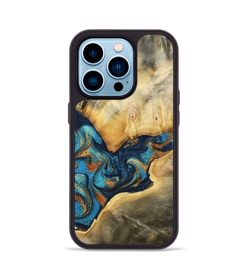 iPhone 14 Pro Wood Phone Case - Axton (Teal & Gold, 794122)