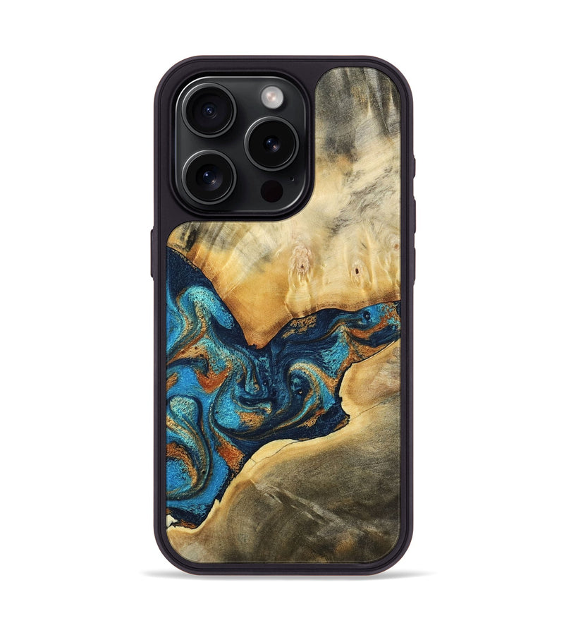 iPhone 15 Pro Wood Phone Case - Axton (Teal & Gold, 794122)