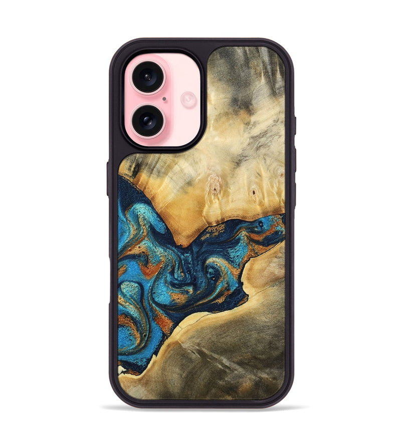 iPhone 16 Wood Phone Case - Axton (Teal & Gold, 794122)