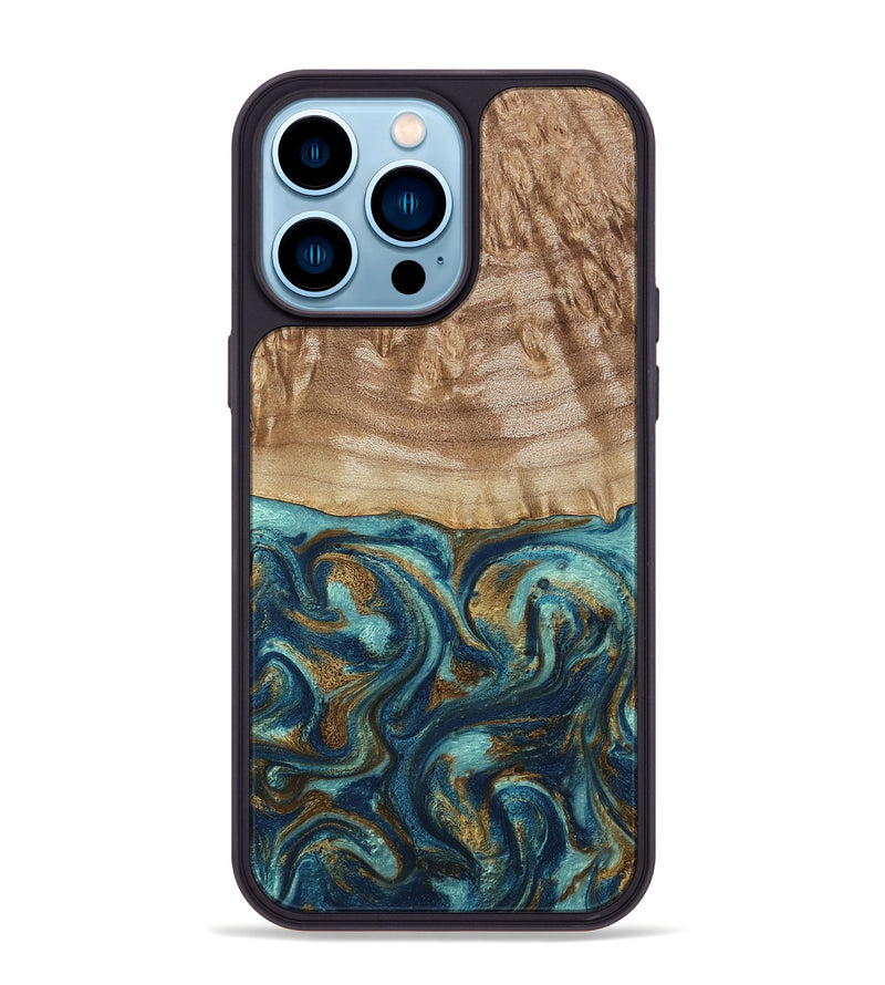iPhone 14 Pro Max Wood Phone Case - Zakary (Teal & Gold, 794161)