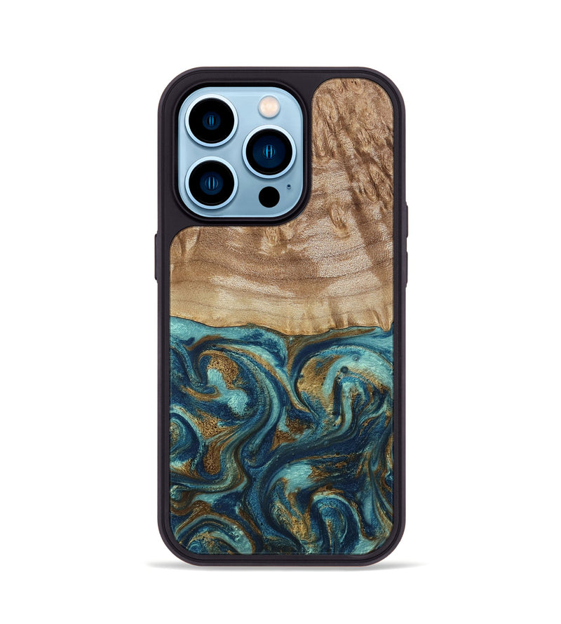 iPhone 14 Pro Wood Phone Case - Zakary (Teal & Gold, 794161)