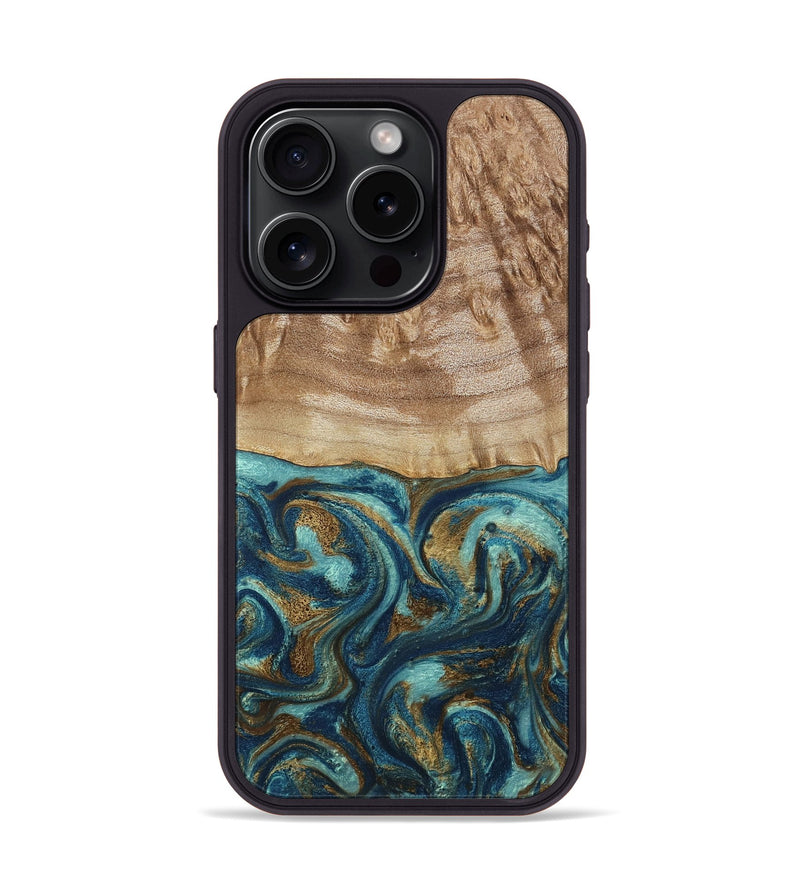 iPhone 15 Pro Wood Phone Case - Zakary (Teal & Gold, 794161)