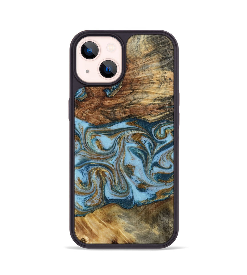 iPhone 14 Wood Phone Case - Coral (Teal & Gold, 794503)