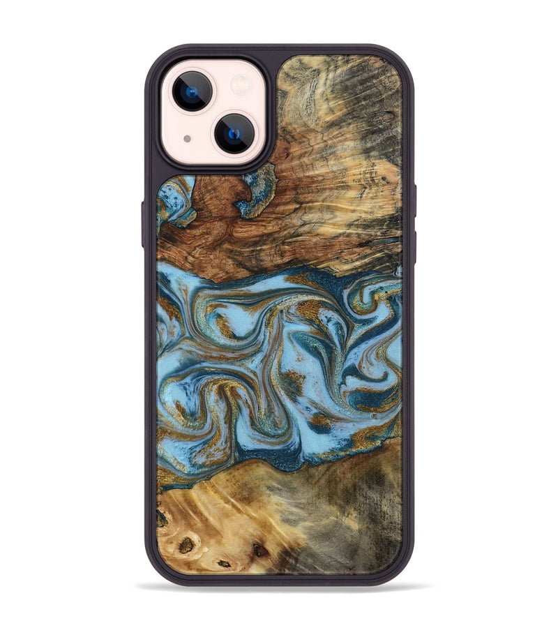 iPhone 14 Plus Wood Phone Case - Coral (Teal & Gold, 794503)