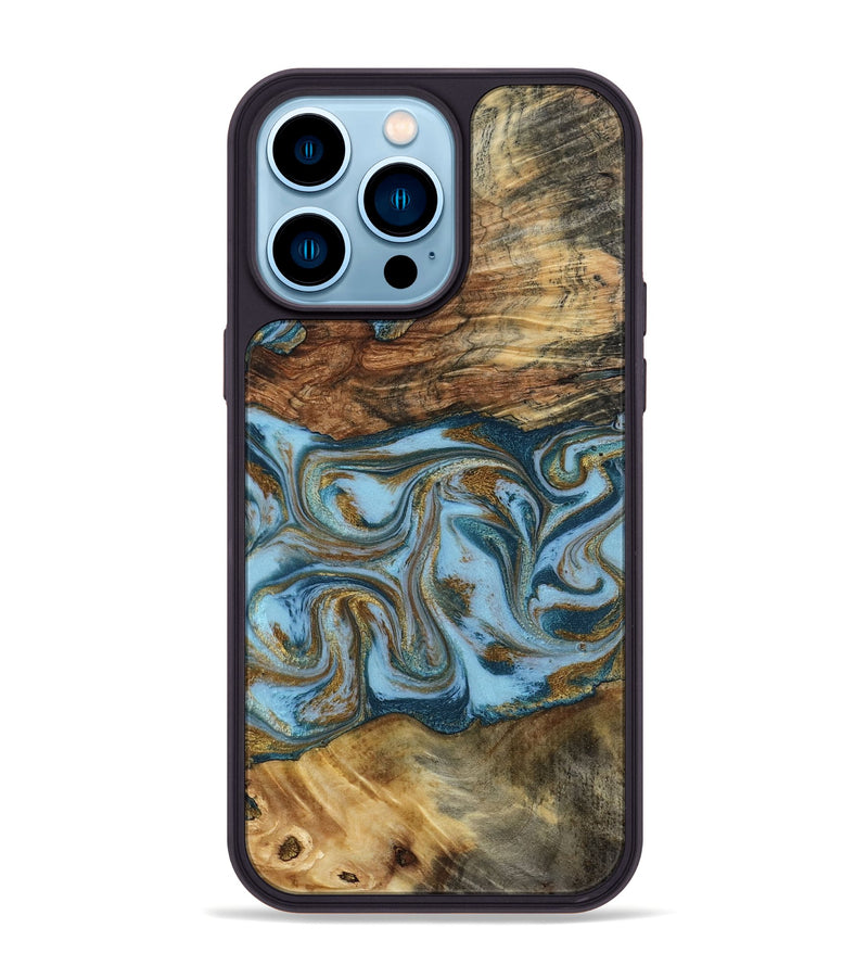iPhone 14 Pro Max Wood Phone Case - Coral (Teal & Gold, 794503)