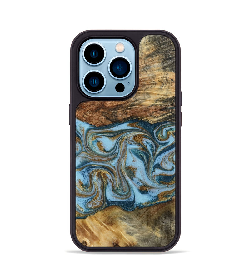 iPhone 14 Pro Wood Phone Case - Coral (Teal & Gold, 794503)