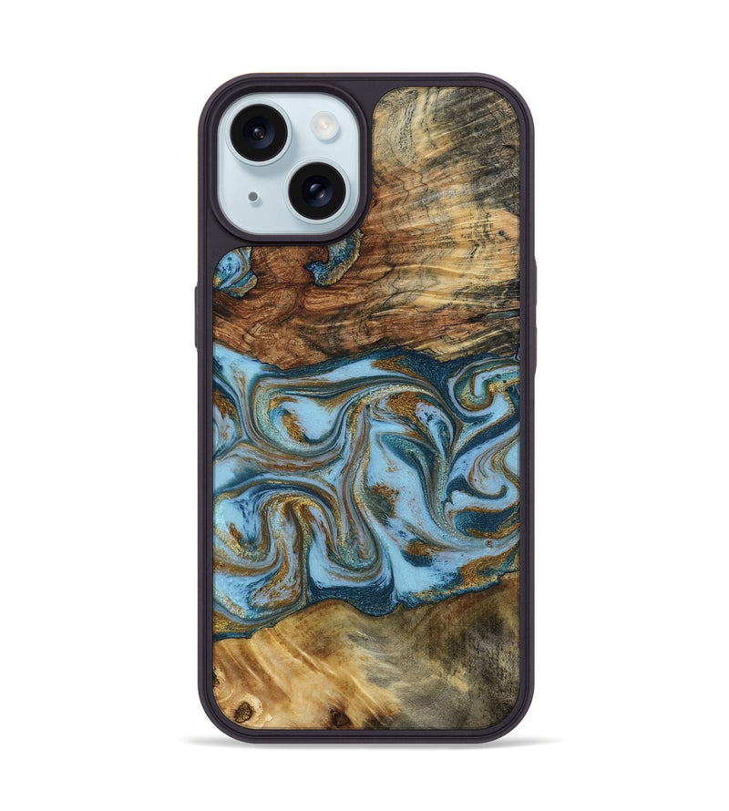 iPhone 15 Wood Phone Case - Coral (Teal & Gold, 794503)
