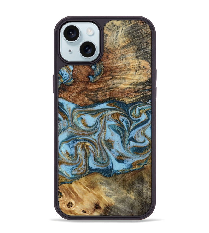iPhone 15 Plus Wood Phone Case - Coral (Teal & Gold, 794503)