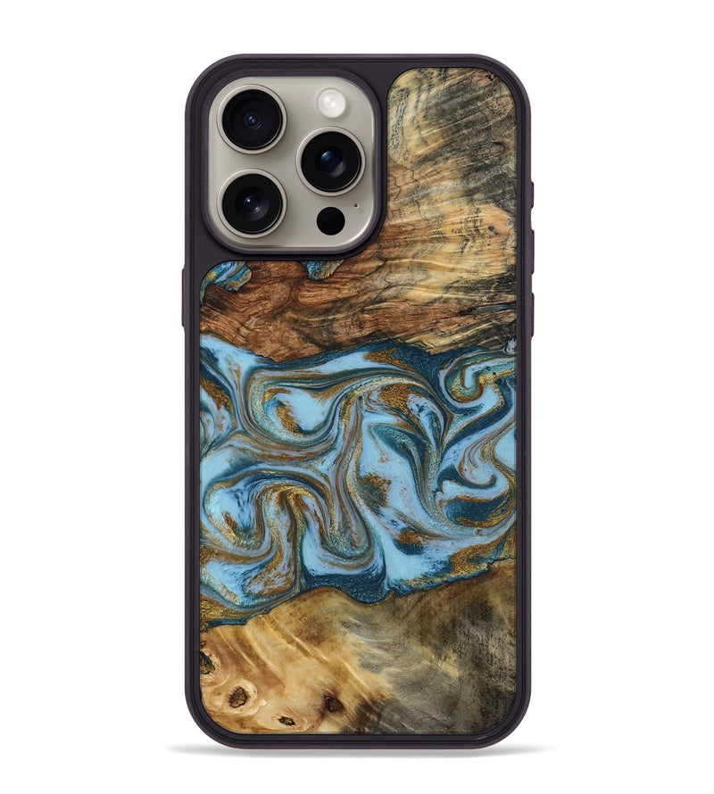 iPhone 15 Pro Max Wood Phone Case - Coral (Teal & Gold, 794503)