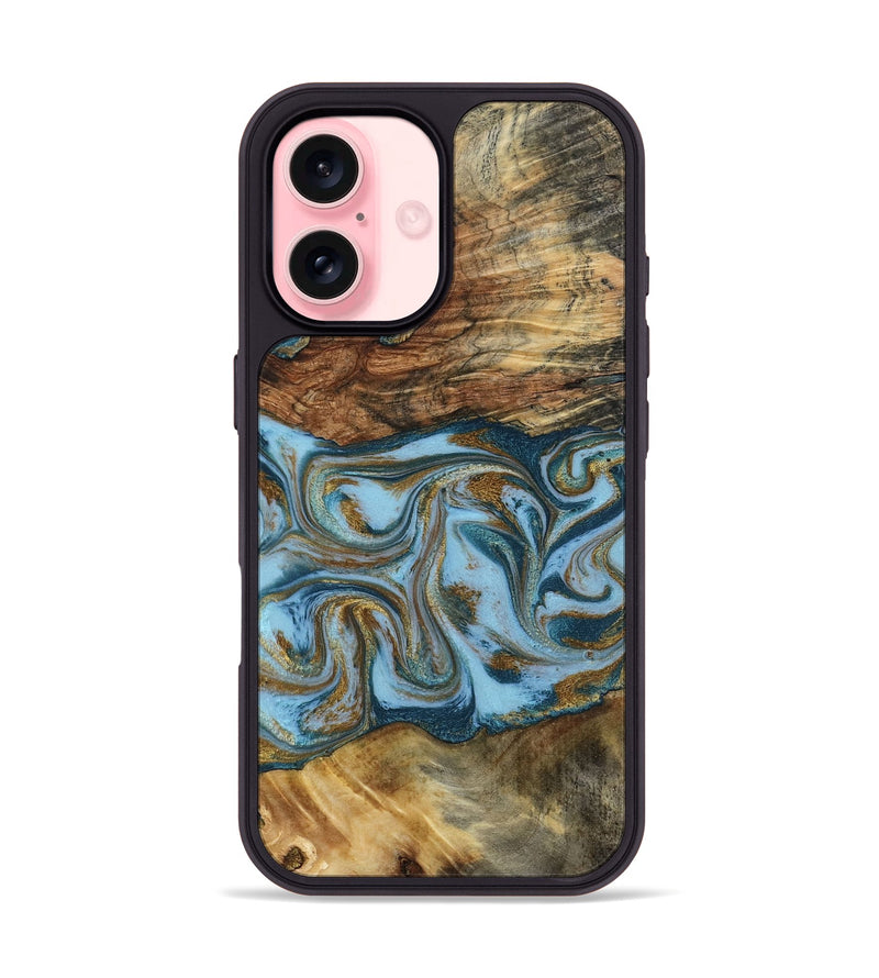 iPhone 16 Wood Phone Case - Coral (Teal & Gold, 794503)