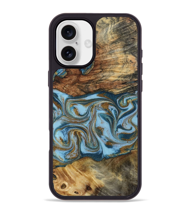 iPhone 16 Plus Wood Phone Case - Coral (Teal & Gold, 794503)