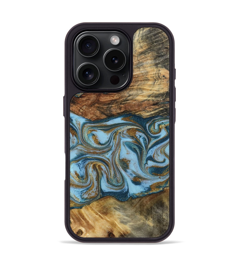 iPhone 16 Pro Wood Phone Case - Coral (Teal & Gold, 794503)