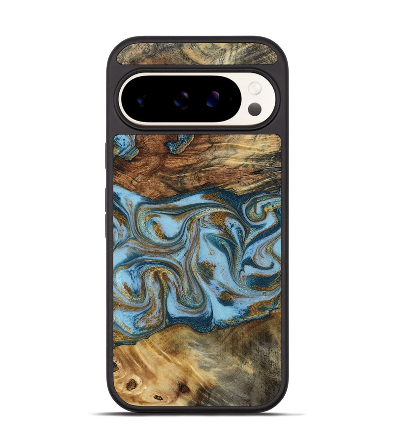 Pixel 9 Wood Phone Case - Coral (Teal & Gold, 794503)