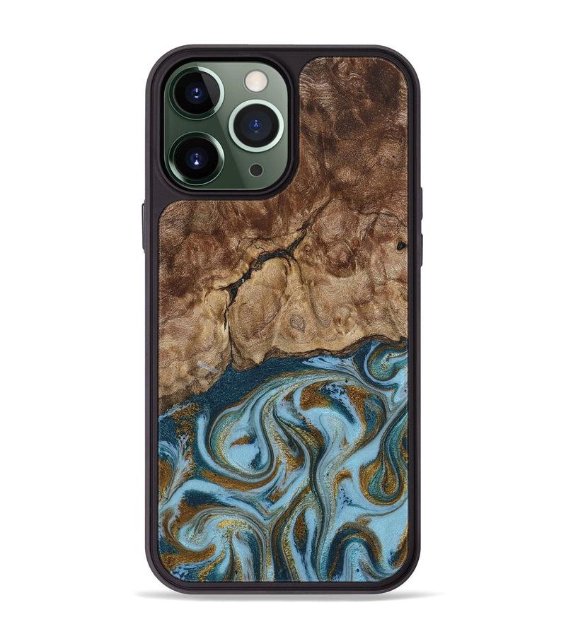 iPhone 13 Pro Max Wood Phone Case - Tarsha (Teal & Gold, 794652)