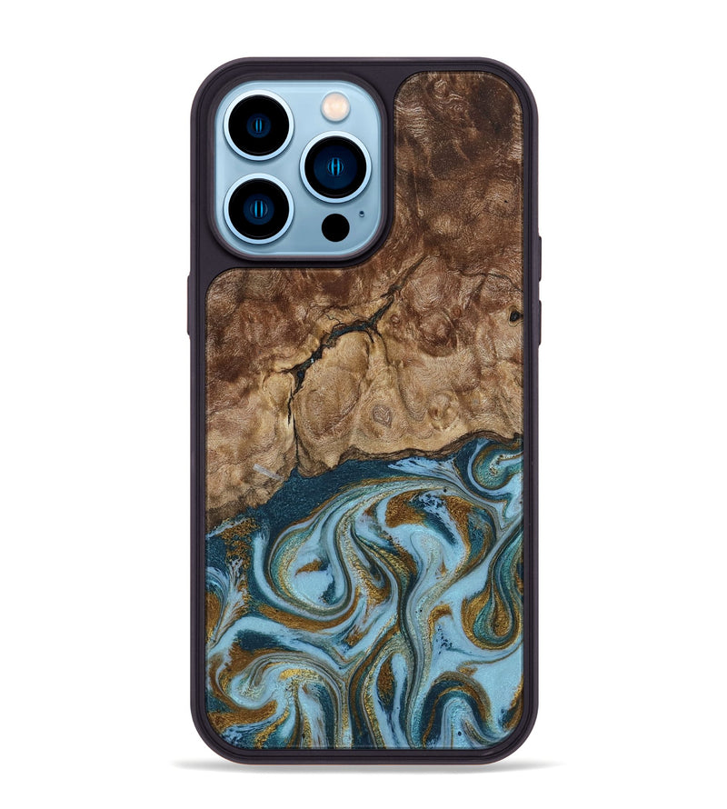 iPhone 14 Pro Max Wood Phone Case - Tarsha (Teal & Gold, 794652)
