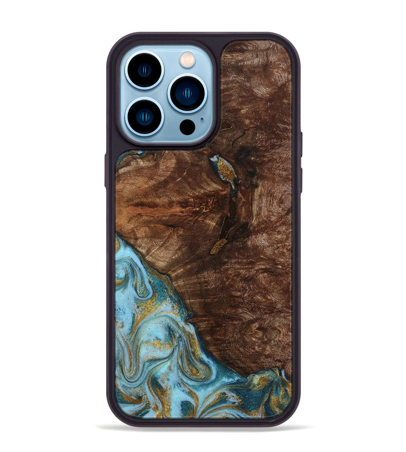 iPhone 14 Pro Max Wood Phone Case - Tommie (Teal & Gold, 794653)