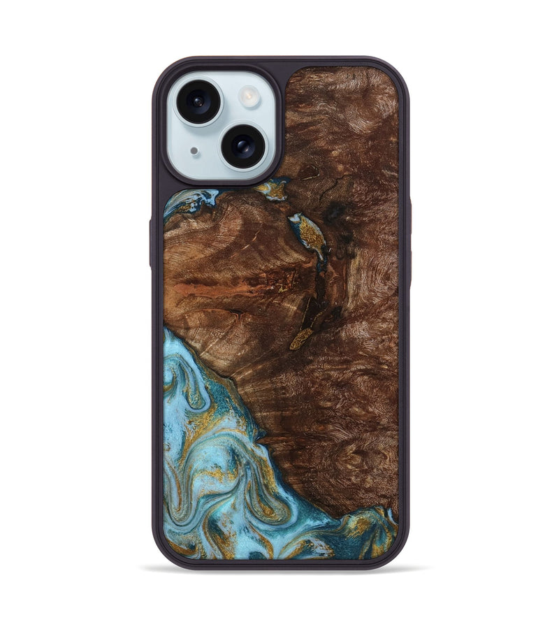 iPhone 15 Wood Phone Case - Tommie (Teal & Gold, 794653)