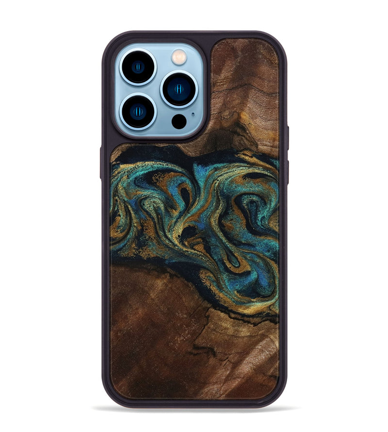 iPhone 14 Pro Max Wood Phone Case - Kareem (Teal & Gold, 794654)