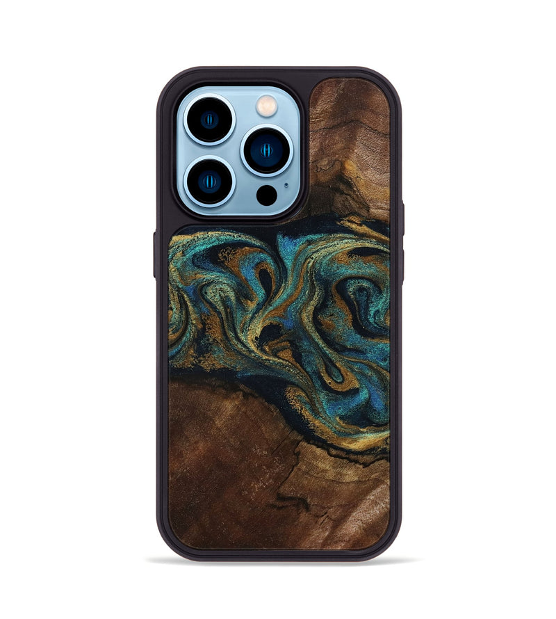 iPhone 14 Pro Wood Phone Case - Kareem (Teal & Gold, 794654)