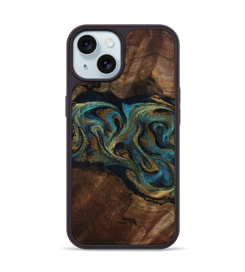 iPhone 15 Wood Phone Case - Kareem (Teal & Gold, 794654)