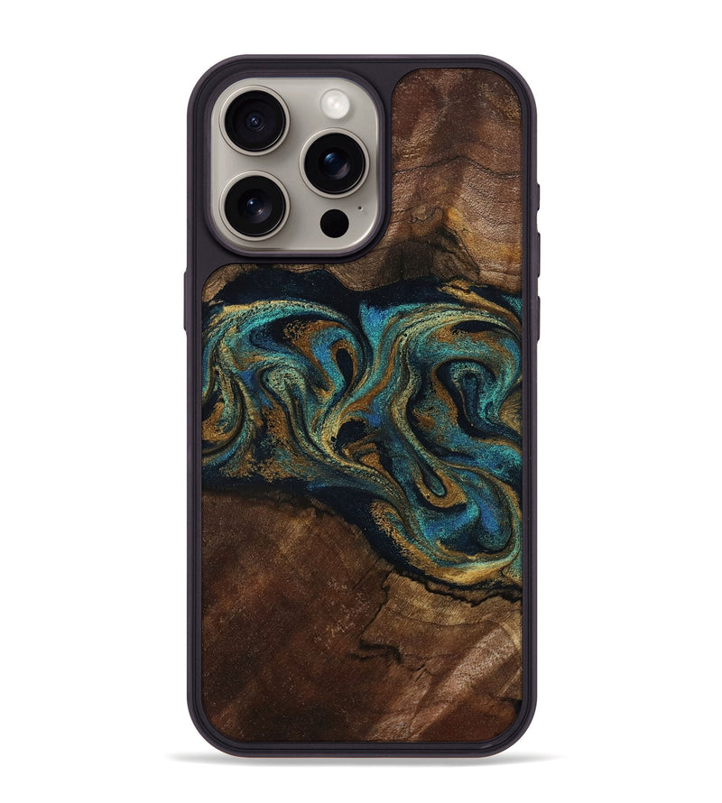 iPhone 15 Pro Max Wood Phone Case - Kareem (Teal & Gold, 794654)