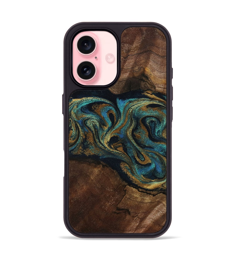 iPhone 16 Wood Phone Case - Kareem (Teal & Gold, 794654)