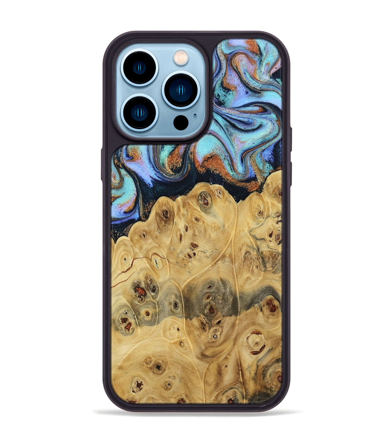 iPhone 14 Pro Max Wood Phone Case - Tawnya (Teal & Gold, 795441)