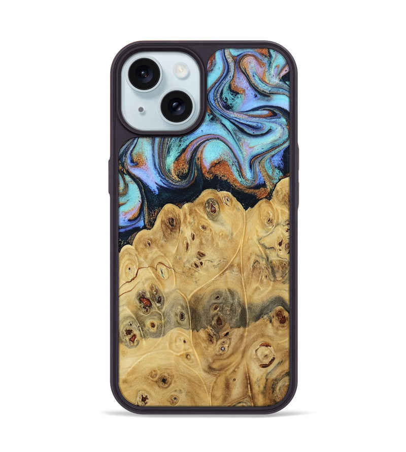 iPhone 15 Wood Phone Case - Tawnya (Teal & Gold, 795441)