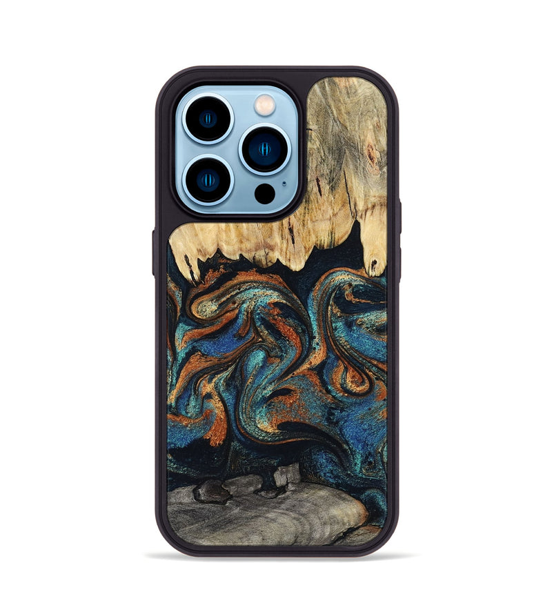 iPhone 14 Pro Wood Phone Case - Abdiel (Teal & Gold, 795447)