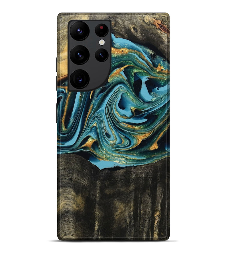 Galaxy S22 Ultra Wood Live Edge Phone Case - Fate (Teal & Gold, 795583)