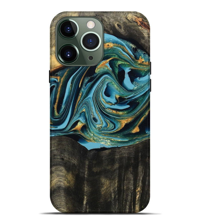 iPhone 13 Pro Max Wood Live Edge Phone Case - Fate (Teal & Gold, 795583)