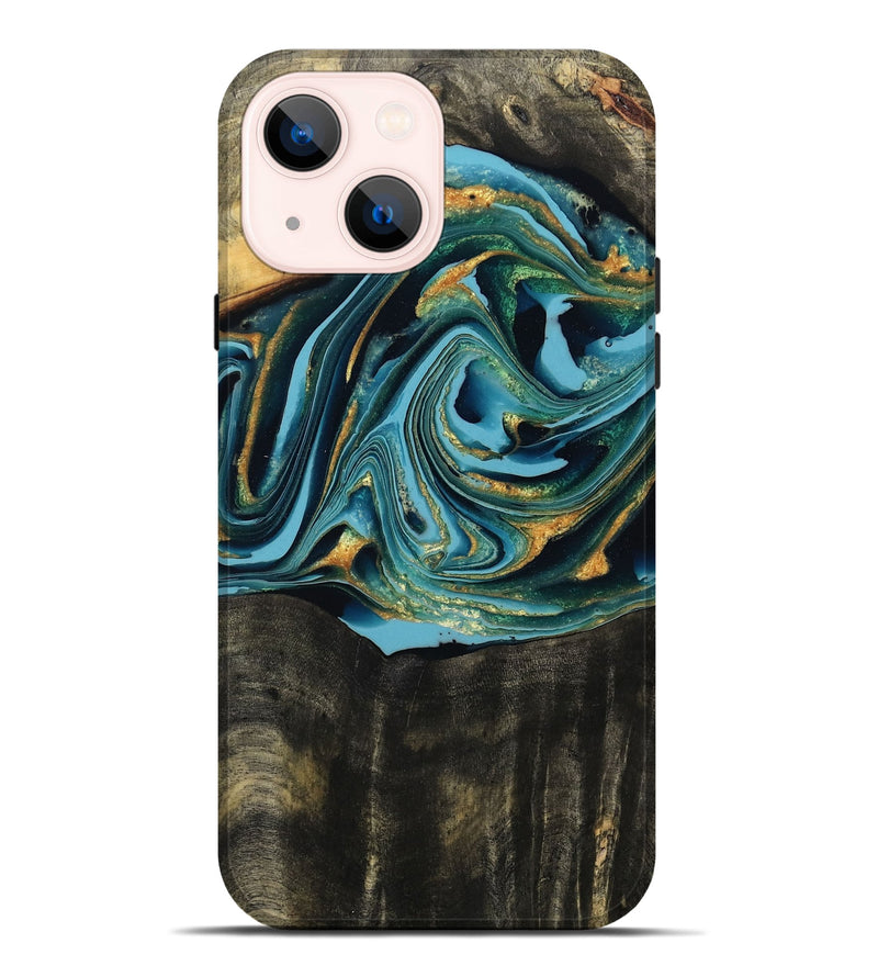 iPhone 14 Plus Wood Live Edge Phone Case - Fate (Teal & Gold, 795583)