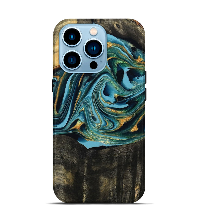 iPhone 14 Pro Wood Live Edge Phone Case - Fate (Teal & Gold, 795583)