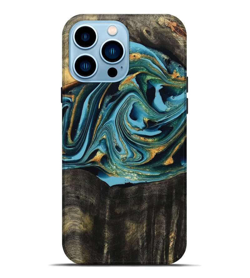 iPhone 14 Pro Max Wood Live Edge Phone Case - Fate (Teal & Gold, 795583)