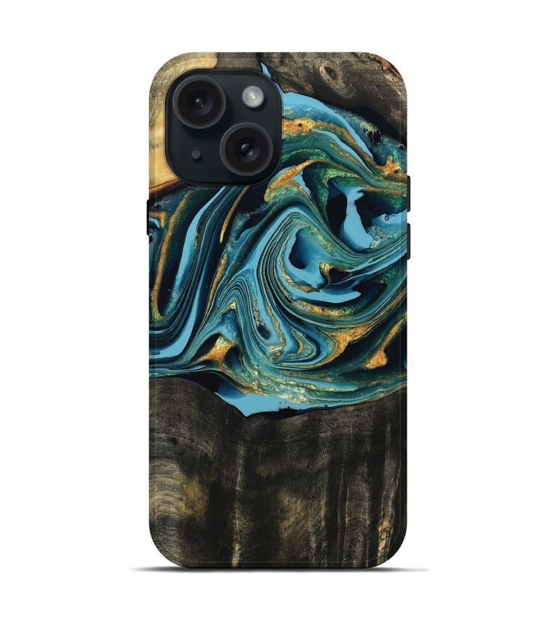iPhone 15 Wood Live Edge Phone Case - Fate (Teal & Gold, 795583)