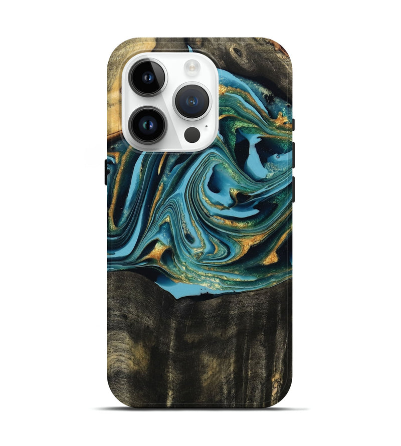 iPhone 15 Pro Wood Live Edge Phone Case - Fate (Teal & Gold, 795583)