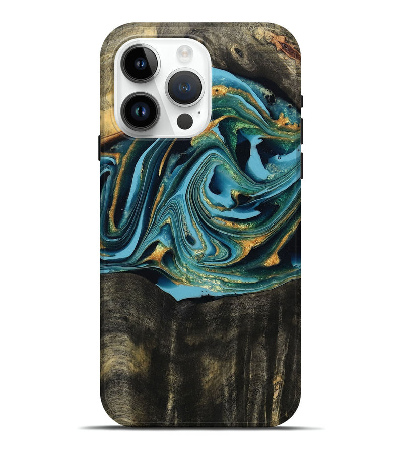 iPhone 15 Pro Max Wood Live Edge Phone Case - Fate (Teal & Gold, 795583)