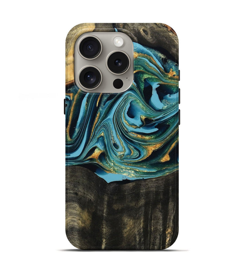 iPhone 16 Pro Wood Live Edge Phone Case - Fate (Teal & Gold, 795583)