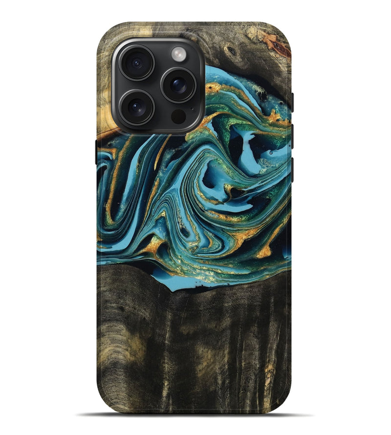 iPhone 16 Pro Max Wood Live Edge Phone Case - Fate (Teal & Gold, 795583)