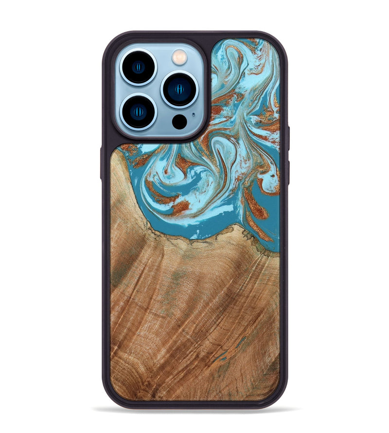 iPhone 14 Pro Max Wood Phone Case - Devyn (Teal & Gold, 795731)