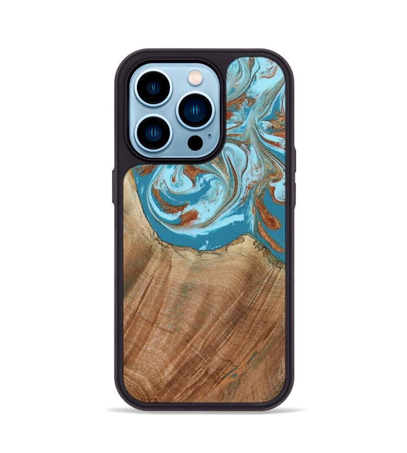 iPhone 14 Pro Wood Phone Case - Devyn (Teal & Gold, 795731)
