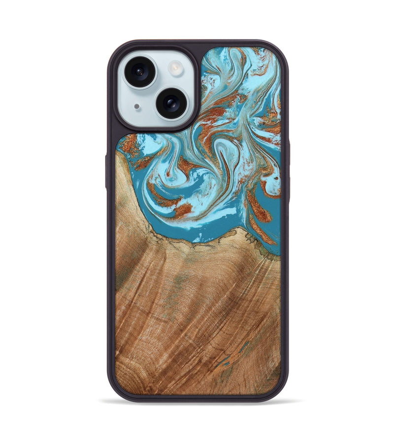 iPhone 15 Wood Phone Case - Devyn (Teal & Gold, 795731)