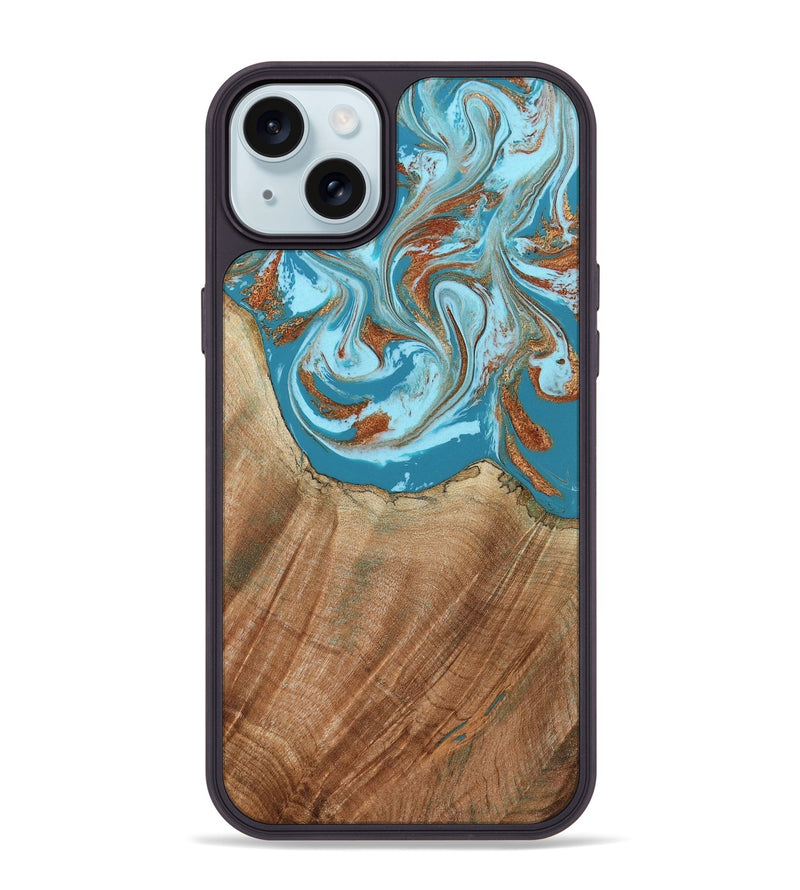 iPhone 15 Plus Wood Phone Case - Devyn (Teal & Gold, 795731)